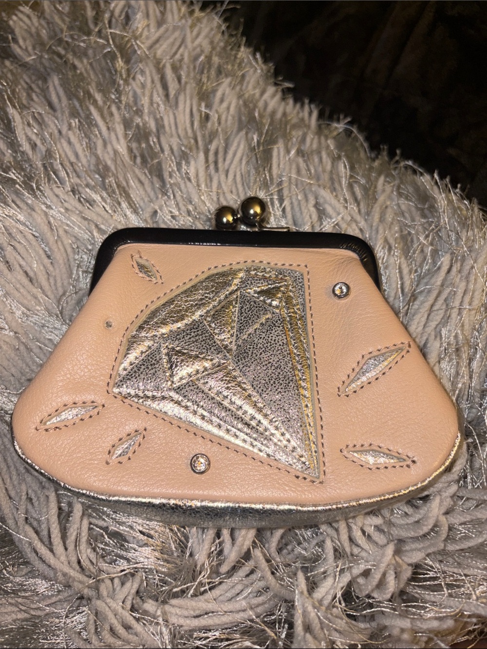 Beige and Silver Diamond Coin Purse